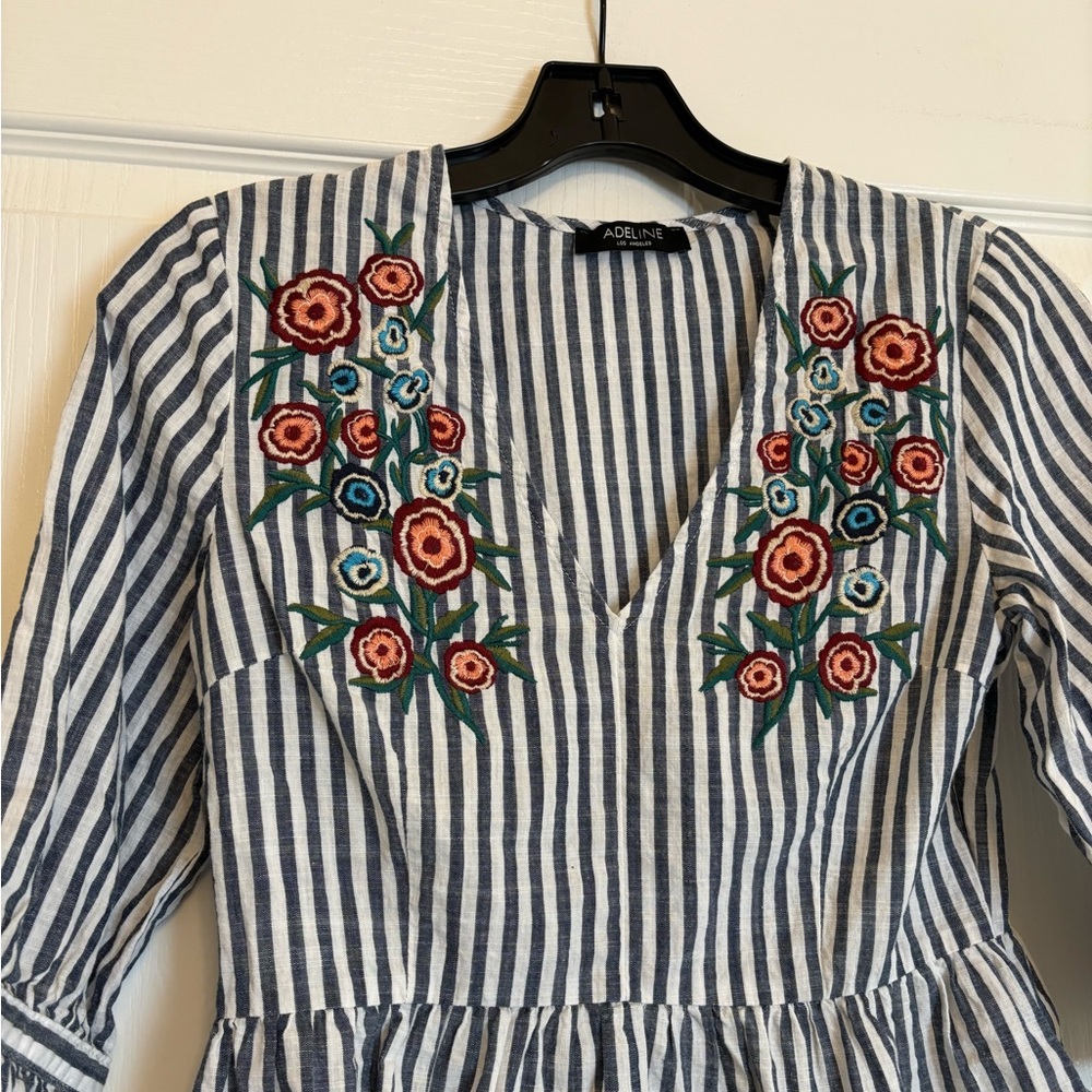 ADELINE Blue and White Striped Blouse with Floral Embroidery - Picture 4 of 12